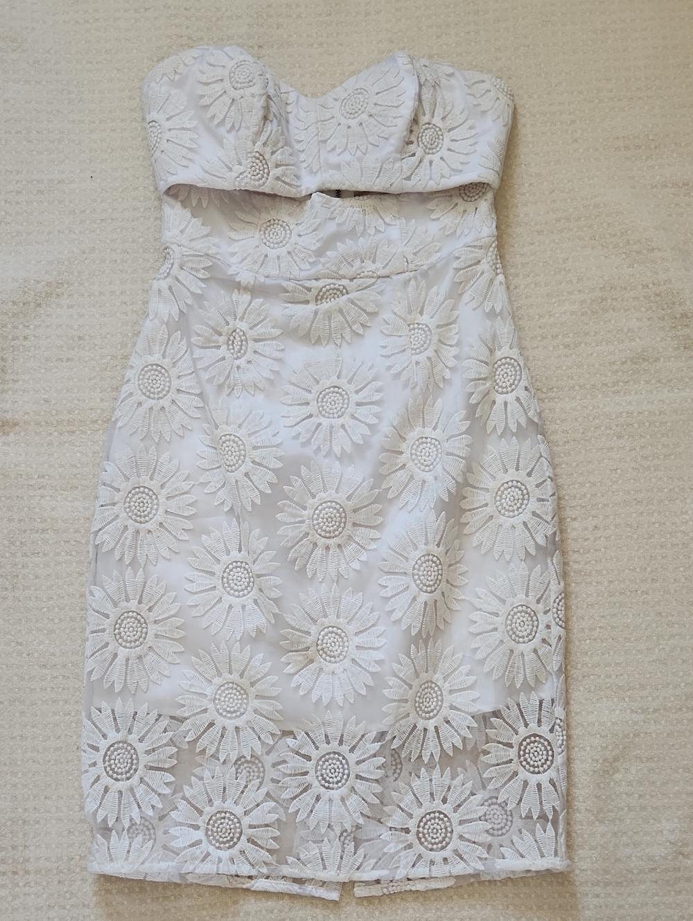 bebe Strapless White Floral Lace Sheath Dress
